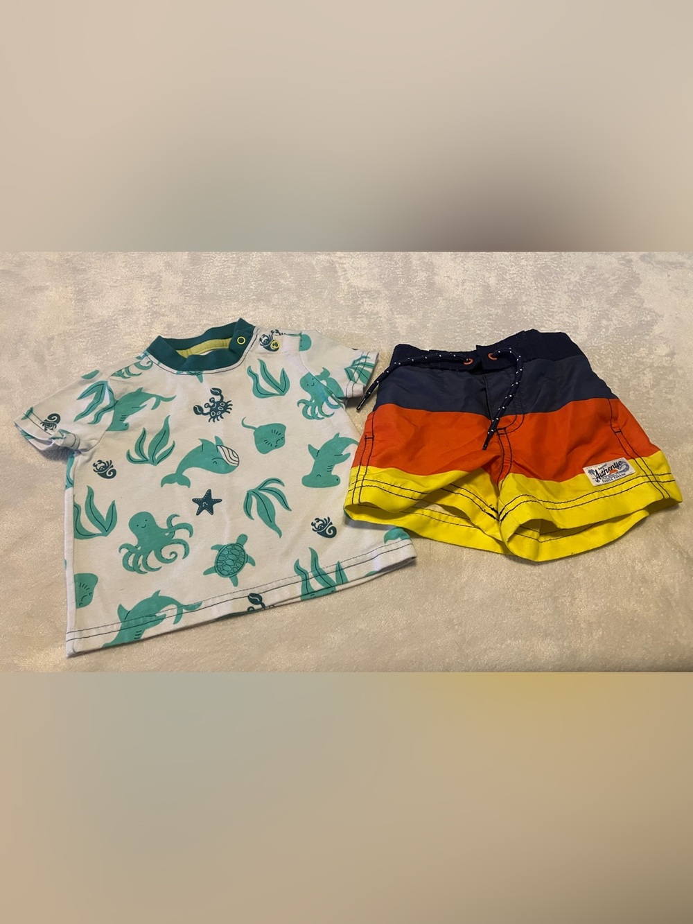 Kids White & Teal Sea Life Top with Orange, Red & Yellow Stripe Swim Trunks